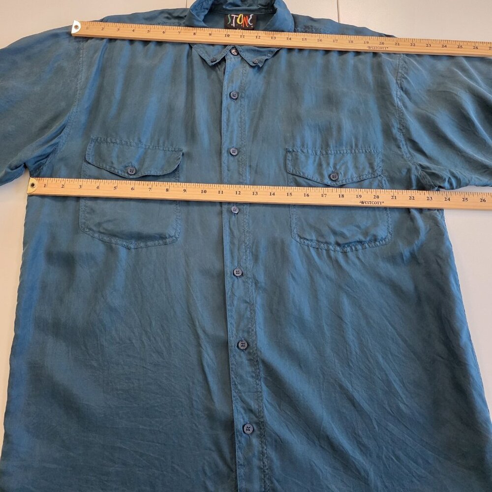 Vtg Stone Silks Shirt Mens L Teal SS Lightweight Button Down Pockets Boho Retro - Picture 4 of 13